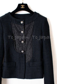 CHANEL 15S Keira Knightley Black Lace Cotton Tweed Jacket CC Button 46 シャネル  キーラ ナイトレイ着用 ブラック ツイード ジャケット ココボタン 希少サイズ  即発