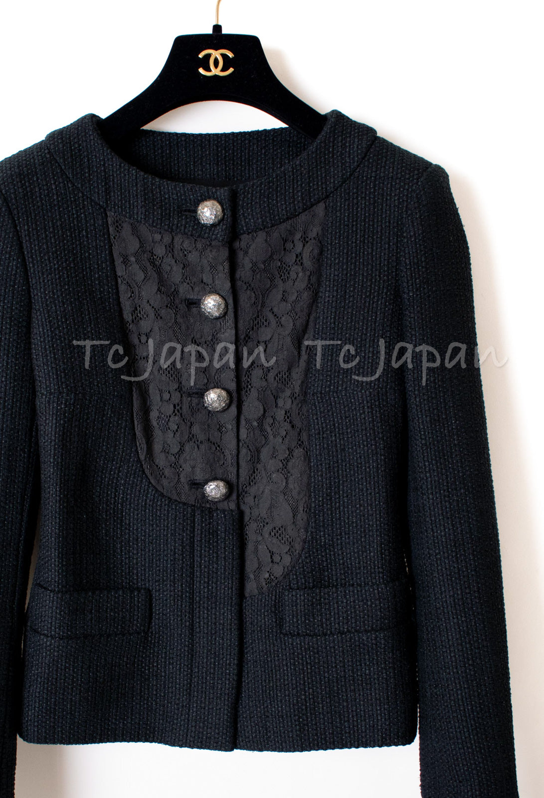 CHANEL 15S Keira Knightley Black Lace Cotton Tweed Jacket CC Button 46 シャネル  キーラ ナイトレイ着用 ブラック ツイード ジャケット ココボタン 希少サイズ  即発