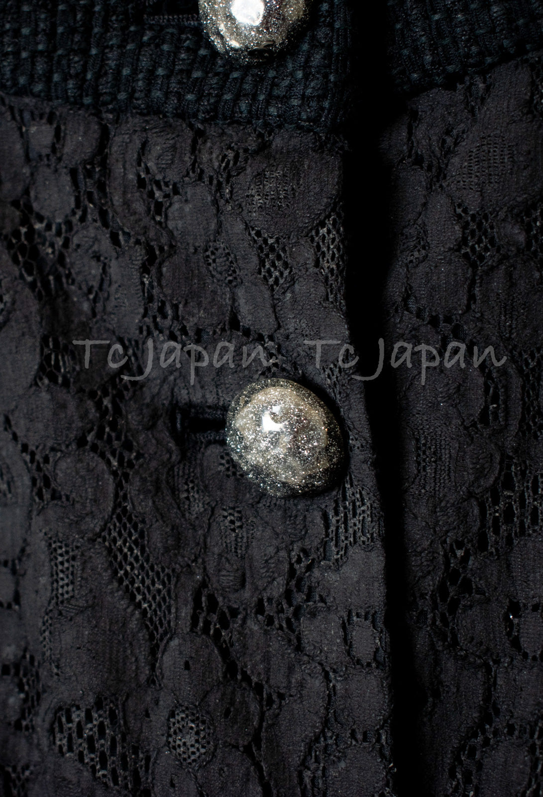CHANEL 15S Keira Knightley Black Lace Cotton Tweed Jacket CC Button 46 シャネル  キーラ ナイトレイ着用 ブラック ツイード ジャケット ココボタン 希少サイズ  即発