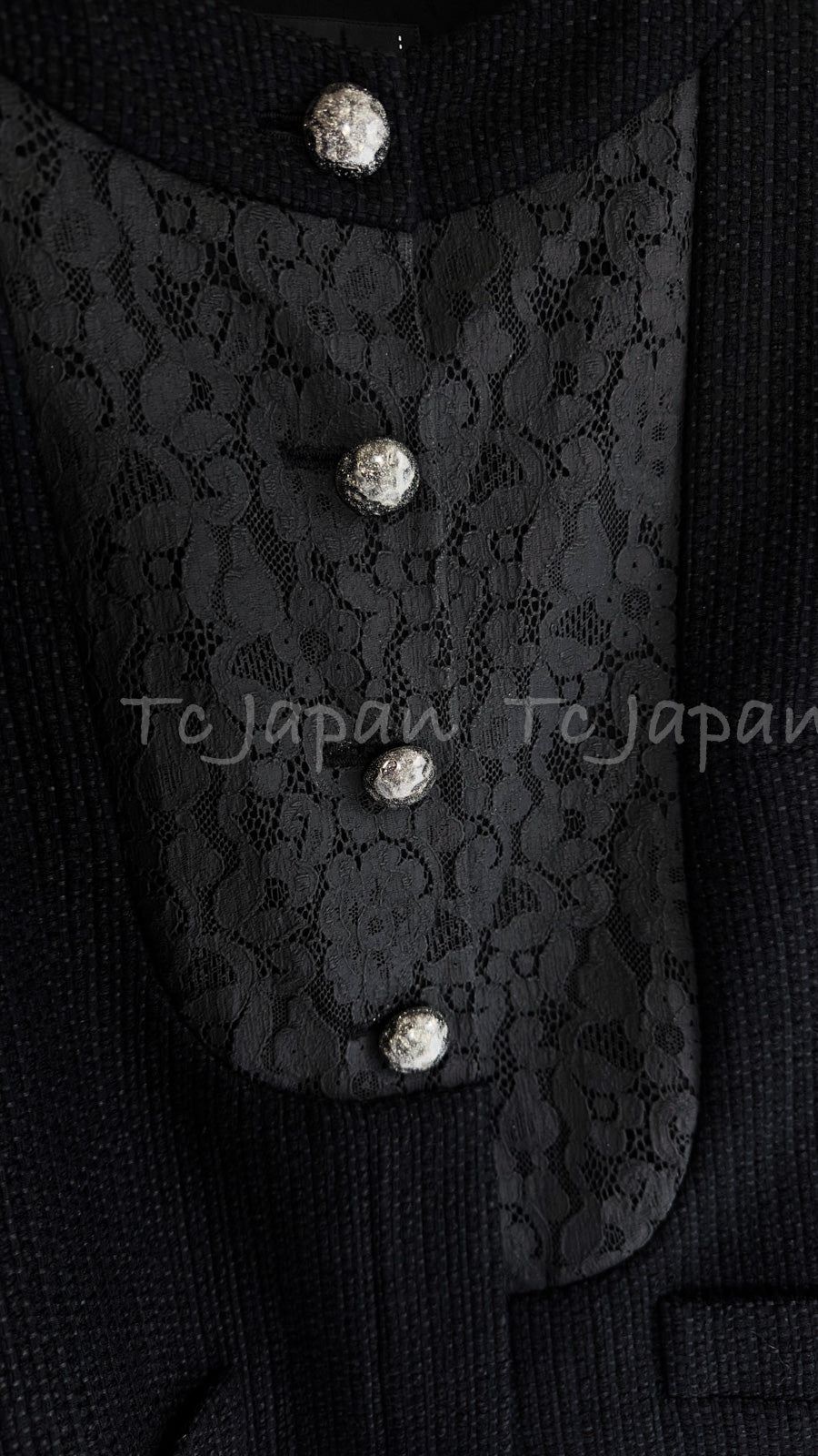 CHANEL 15S Keira Knightley Black Lace Cotton Tweed Jacket CC Button 46 シャネル  キーラ ナイトレイ着用 ブラック ツイード ジャケット ココボタン 希少サイズ  即発