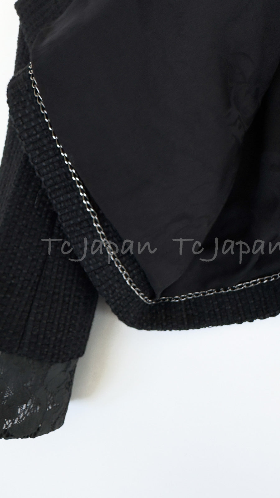 CHANEL 15S Keira Knightley Black Lace Cotton Tweed Jacket CC Button 46 シャネル  キーラ ナイトレイ着用 ブラック ツイード ジャケット ココボタン 希少サイズ  即発