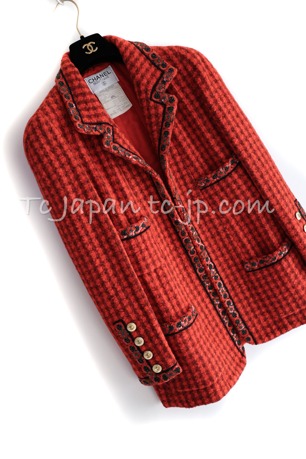CHANEL 90A Vintage Campaign Ad Limited Red Beads Trim Tweed Jacket 42 44 シャネル ヴィンテージ レッド キャンペーン広告 限定品 ビーズトリム ウール ツイード ジャケット