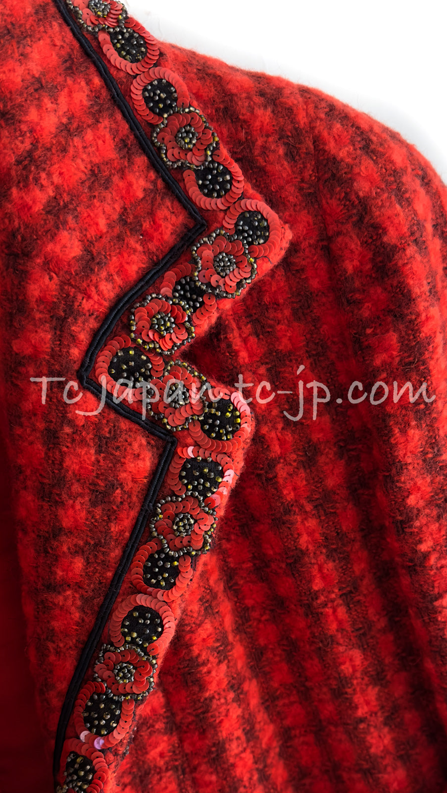CHANEL 90A Vintage Campaign Ad Limited Red Beads Trim Tweed Jacket 42 44 シャネル ヴィンテージ レッド キャンペーン広告 限定品 ビーズトリム ウール ツイード ジャケット