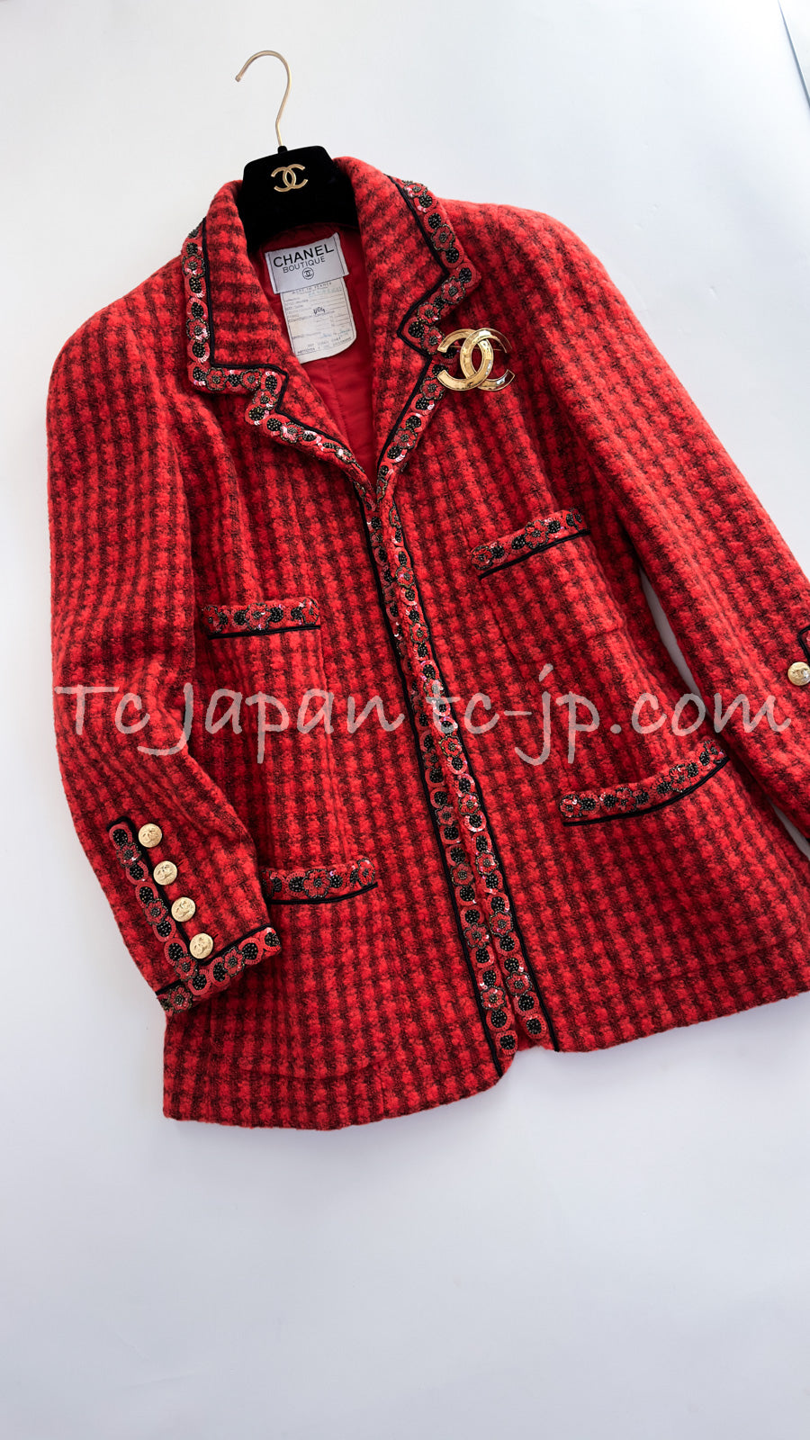 CHANEL 90A Vintage Campaign Ad Limited Red Beads Trim Tweed Jacket 42 44 シャネル ヴィンテージ レッド キャンペーン広告 限定品 ビーズトリム ウール ツイード ジャケット