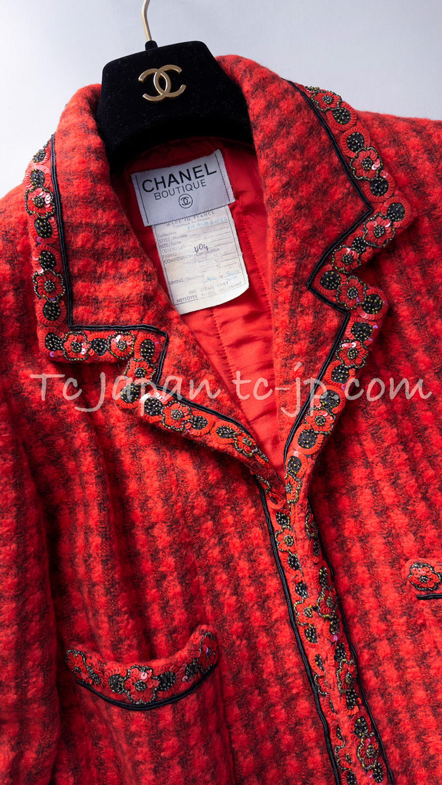 CHANEL 90A Vintage Campaign Ad Limited Red Beads Trim Tweed Jacket 42 44 シャネル ヴィンテージ レッド キャンペーン広告 限定品 ビーズトリム ウール ツイード ジャケット