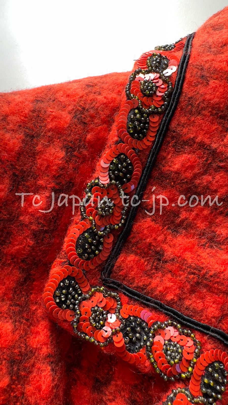 CHANEL 90A Vintage Campaign Ad Limited Red Beads Trim Tweed Jacket 42 44 シャネル ヴィンテージ レッド キャンペーン広告 限定品 ビーズトリム ウール ツイード ジャケット