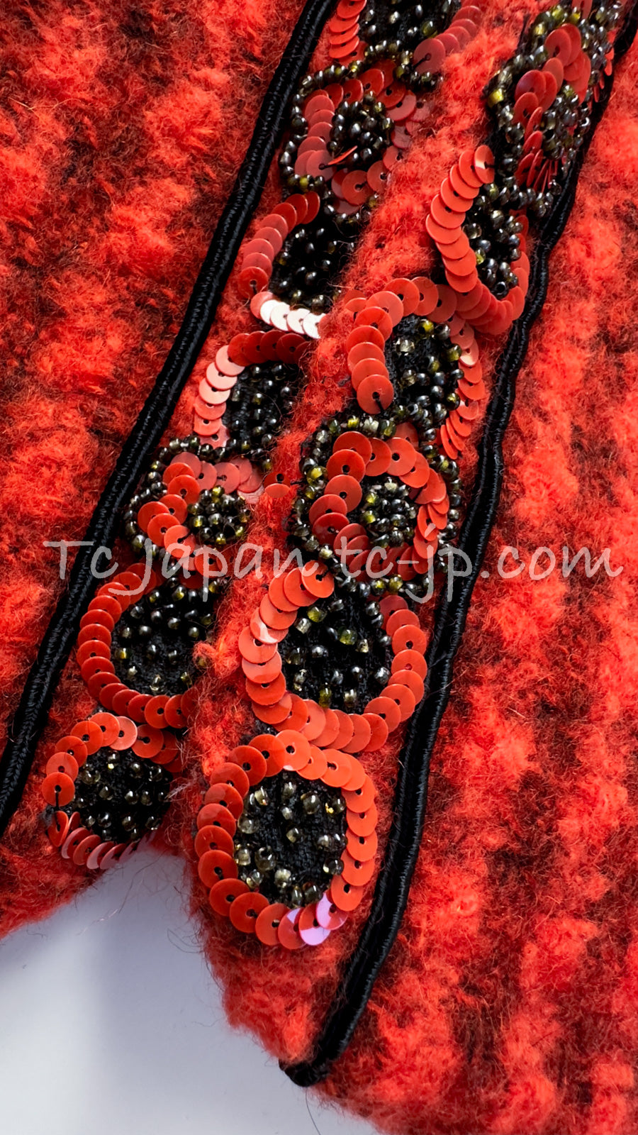 CHANEL 90A Vintage Campaign Ad Limited Red Beads Trim Tweed Jacket 42 44 シャネル ヴィンテージ レッド キャンペーン広告 限定品 ビーズトリム ウール ツイード ジャケット