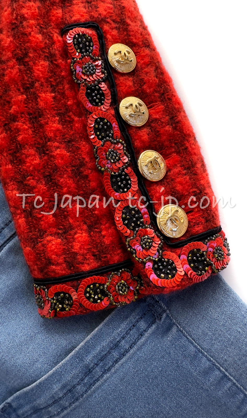 CHANEL 90A Vintage Campaign Ad Limited Red Beads Trim Tweed Jacket 42 44 シャネル ヴィンテージ レッド キャンペーン広告 限定品 ビーズトリム ウール ツイード ジャケット