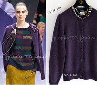 CHANEL 12A Purple Knit Cashmere Cardigan Gripox Buttons 38 40 シャネル パープル ニット カシミア カーディガン グリポワ宝石ボタン 即発