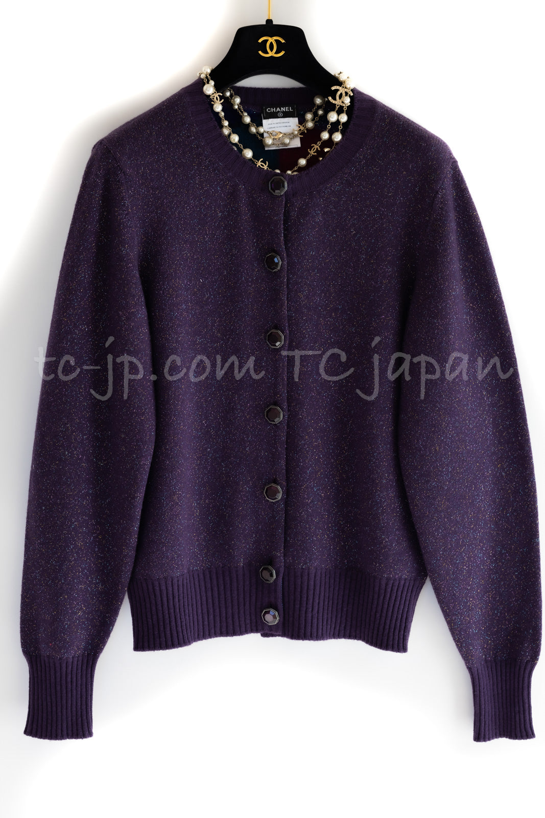 CHANEL 12A Purple Knit Cashmere Cardigan Gripox Buttons 38 40 シャネル パープル ニット カシミア カーディガン グリポワ宝石ボタン 即発