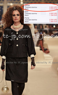 CHANEL 15C Black Tweed Calf Leather Collars White Cuffs Jacket 42 シャネル ブラック・カーフレザー襟 カフス付 ツイード・ジャケット 即発