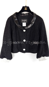 CHANEL 15C Black Tweed Calf Leather Collars White Cuffs Jacket 42 シャネル ブラック・カーフレザー襟 カフス付 ツイード・ジャケット 即発