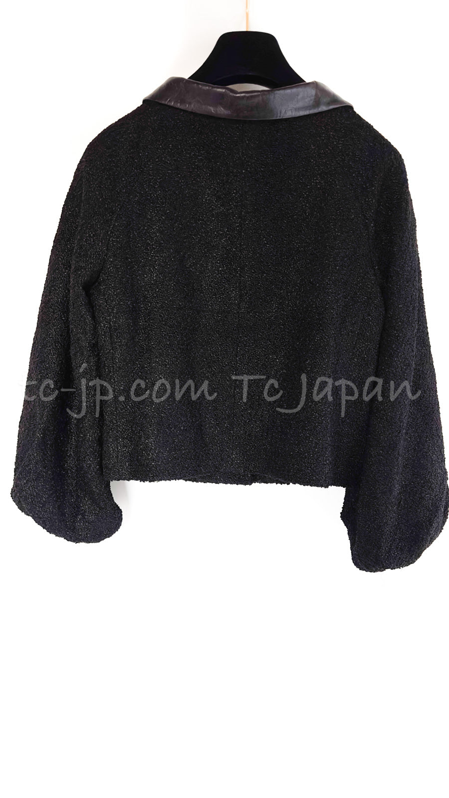 CHANEL 15C Black Tweed Calf Leather Collars White Cuffs Jacket 42 シャネル ブラック・カーフレザー襟 カフス付 ツイード・ジャケット 即発