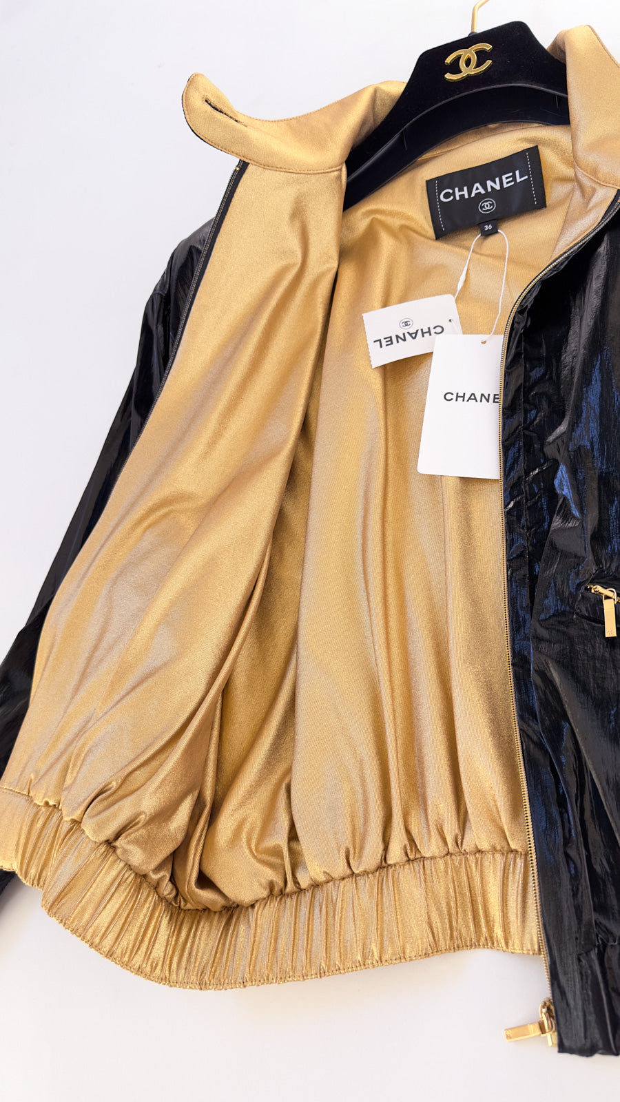 CHANEL 23C Black Gold Blouson Riders Jacket 36 シャネル ブラック ゴールド ライダース ブルゾン ジャケット 即発