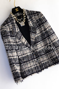 CHANEL 06S Beige Black Navy Metallic Lesage Ribbon Cotton Tweed Jacket 40 42 シャネル ベージュ ブラック ネイビー ルサージュ リボン コットン ツイード ジャケット 即発