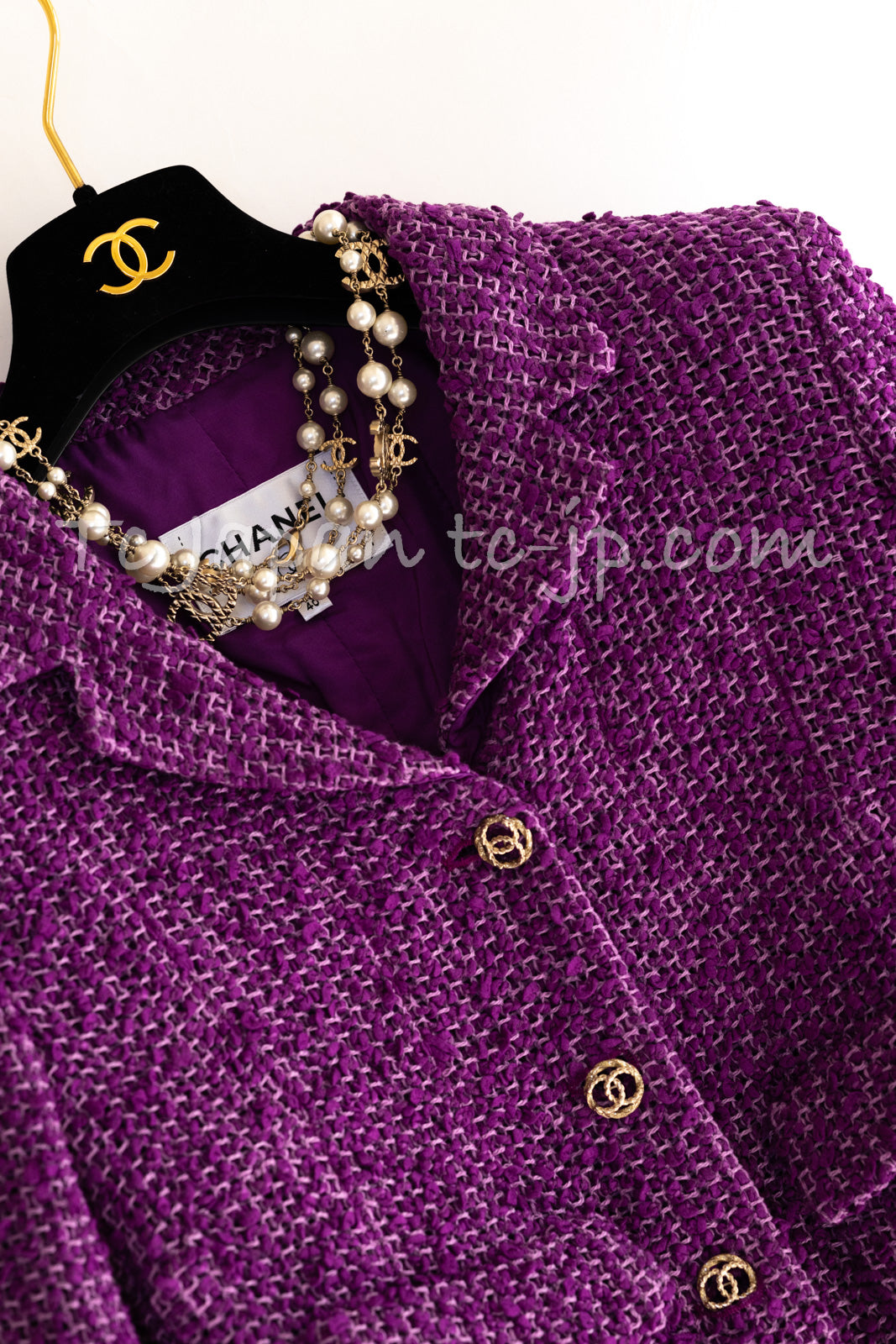 CHANEL 21C Purple Cotton Tweed Jacket CC Button 38 40 シャネル パープル コットン ツイード ジャケット CCボタン 即発