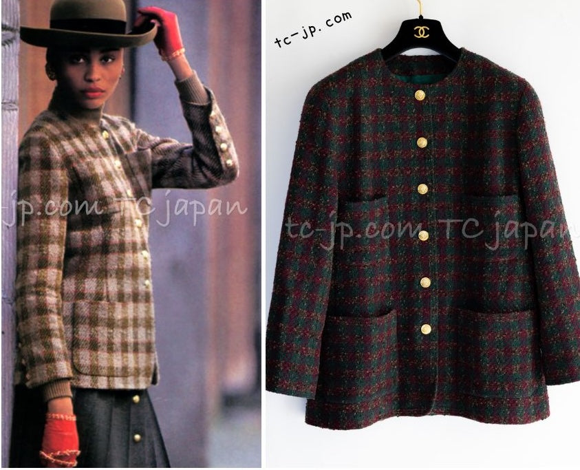 CHANEL 89A Vintage Wine Red Brown Green Wool Tweed Runway Jacket 42 44 シャネル ヴィンテージ ワインレッド ブラウン グリーン ツイード ジャケット 即発