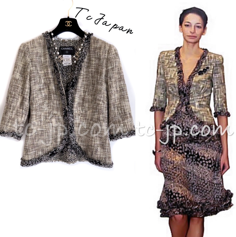 CHANEL 03S Beige Cotton Ruffled Floral Trim Tweed Jacket 36 38 シャネル ベージュ コットン ラッフル フローラルトリム ツイード ジャケット 即発