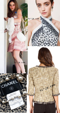 CHANEL 03S Beige Cotton Ruffled Floral Trim Tweed Jacket 36 38 シャネル ベージュ コットン ラッフル フローラルトリム ツイード ジャケット 即発