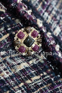 CHANEL 12S Purple Gray Cotton Tweed Silk Star Pleated Ruffle Jacket 34 シャネル パープル グレー コットン ツイード シルク スター プリーツ ラッフル ノーカラー ジャケット 即発