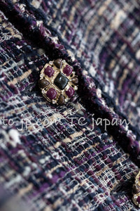 CHANEL 12S Purple Gray Cotton Tweed Silk Star Pleated Ruffle Jacket 34 シャネル パープル グレー コットン ツイード シルク スター プリーツ ラッフル ノーカラー ジャケット 即発