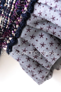 CHANEL 12S Purple Gray Cotton Tweed Silk Star Pleated Ruffle Jacket 34 シャネル パープル グレー コットン ツイード シルク スター プリーツ ラッフル ノーカラー ジャケット 即発