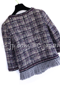 CHANEL 12S Purple Gray Cotton Tweed Silk Star Pleated Ruffle Jacket 34 シャネル パープル グレー コットン ツイード シルク スター プリーツ ラッフル ノーカラー ジャケット 即発