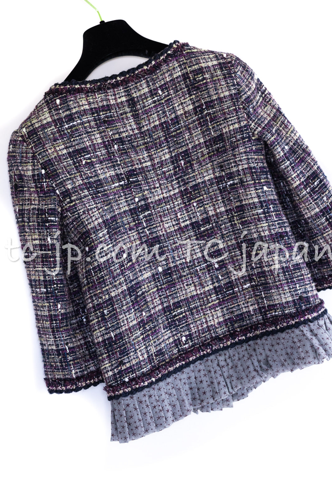 CHANEL 12S Purple Gray Cotton Tweed Silk Star Pleated Ruffle Jacket 34 シャネル パープル グレー コットン ツイード シルク スター プリーツ ラッフル ノーカラー ジャケット 即発