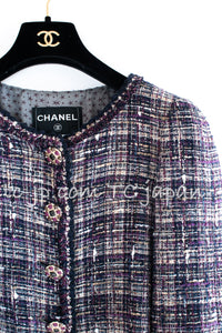 CHANEL 12S Purple Gray Cotton Tweed Silk Star Pleated Ruffle Jacket 34 シャネル パープル グレー コットン ツイード シルク スター プリーツ ラッフル ノーカラー ジャケット 即発