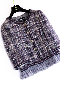 CHANEL 12S Purple Gray Cotton Tweed Silk Star Pleated Ruffle Jacket 34 シャネル パープル グレー コットン ツイード シルク スター プリーツ ラッフル ノーカラー ジャケット 即発