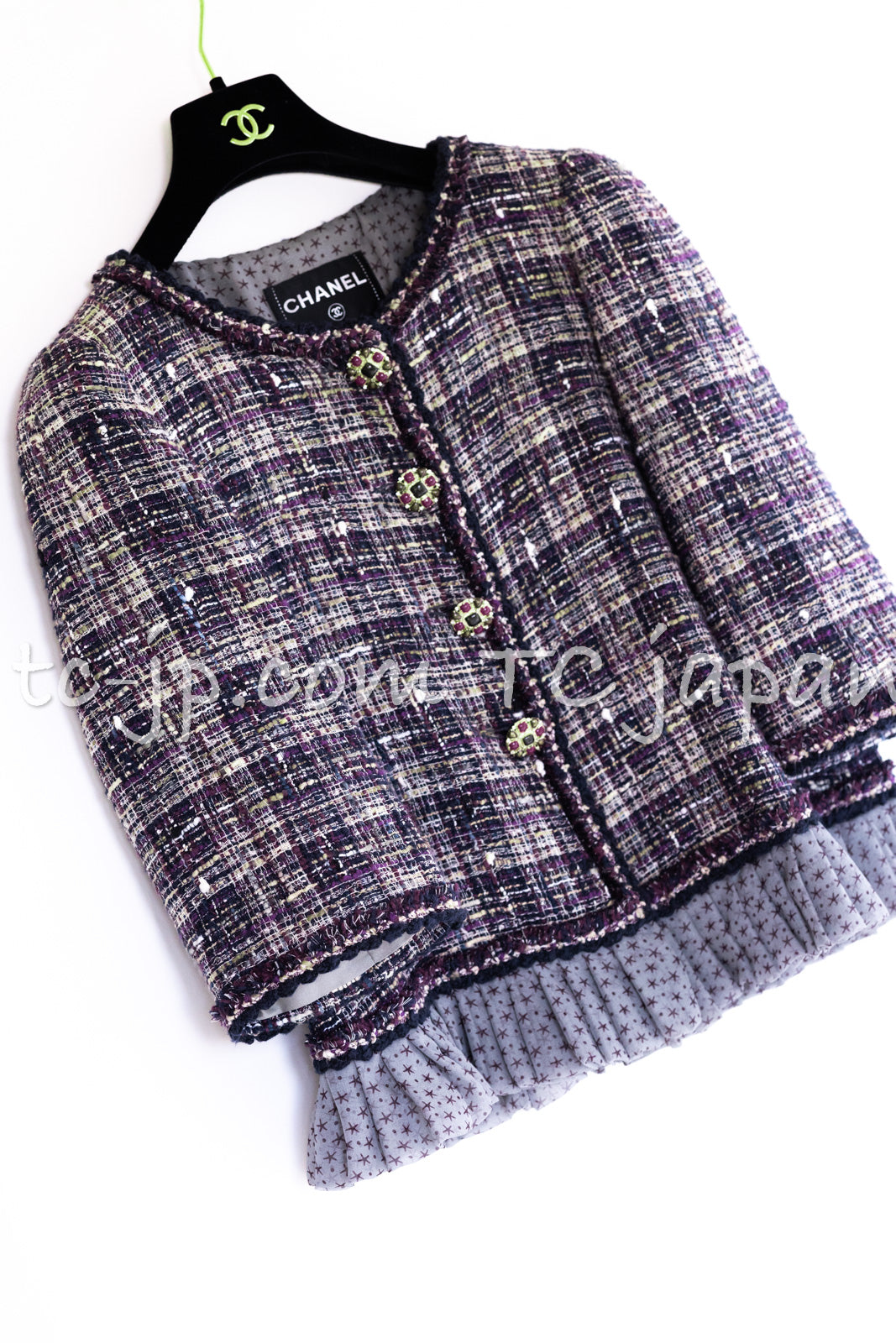 CHANEL 12S Purple Gray Cotton Tweed Silk Star Pleated Ruffle Jacket 34 シャネル パープル グレー コットン ツイード シルク スター プリーツ ラッフル ノーカラー ジャケット 即発