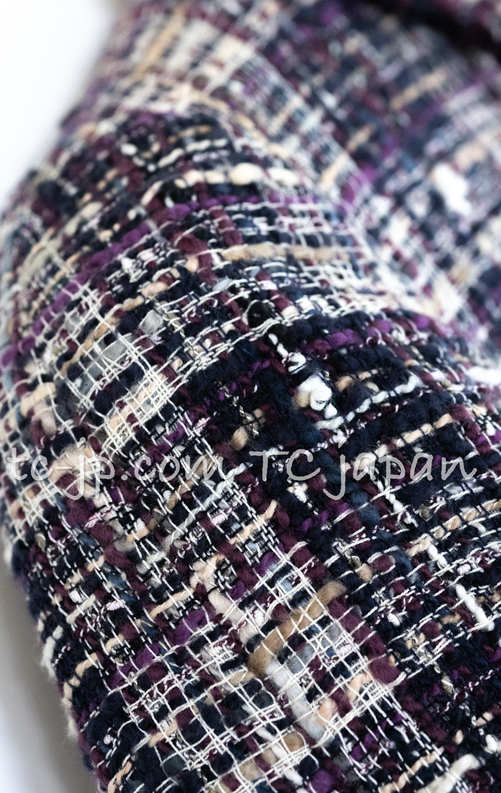 CHANEL 12S Purple Gray Cotton Tweed Silk Star Pleated Ruffle Jacket 34 シャネル パープル グレー コットン ツイード シルク スター プリーツ ラッフル ノーカラー ジャケット 即発