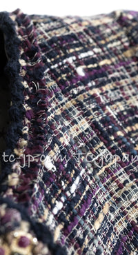 CHANEL 12S Purple Gray Cotton Tweed Silk Star Pleated Ruffle Jacket 34 シャネル パープル グレー コットン ツイード シルク スター プリーツ ラッフル ノーカラー ジャケット 即発