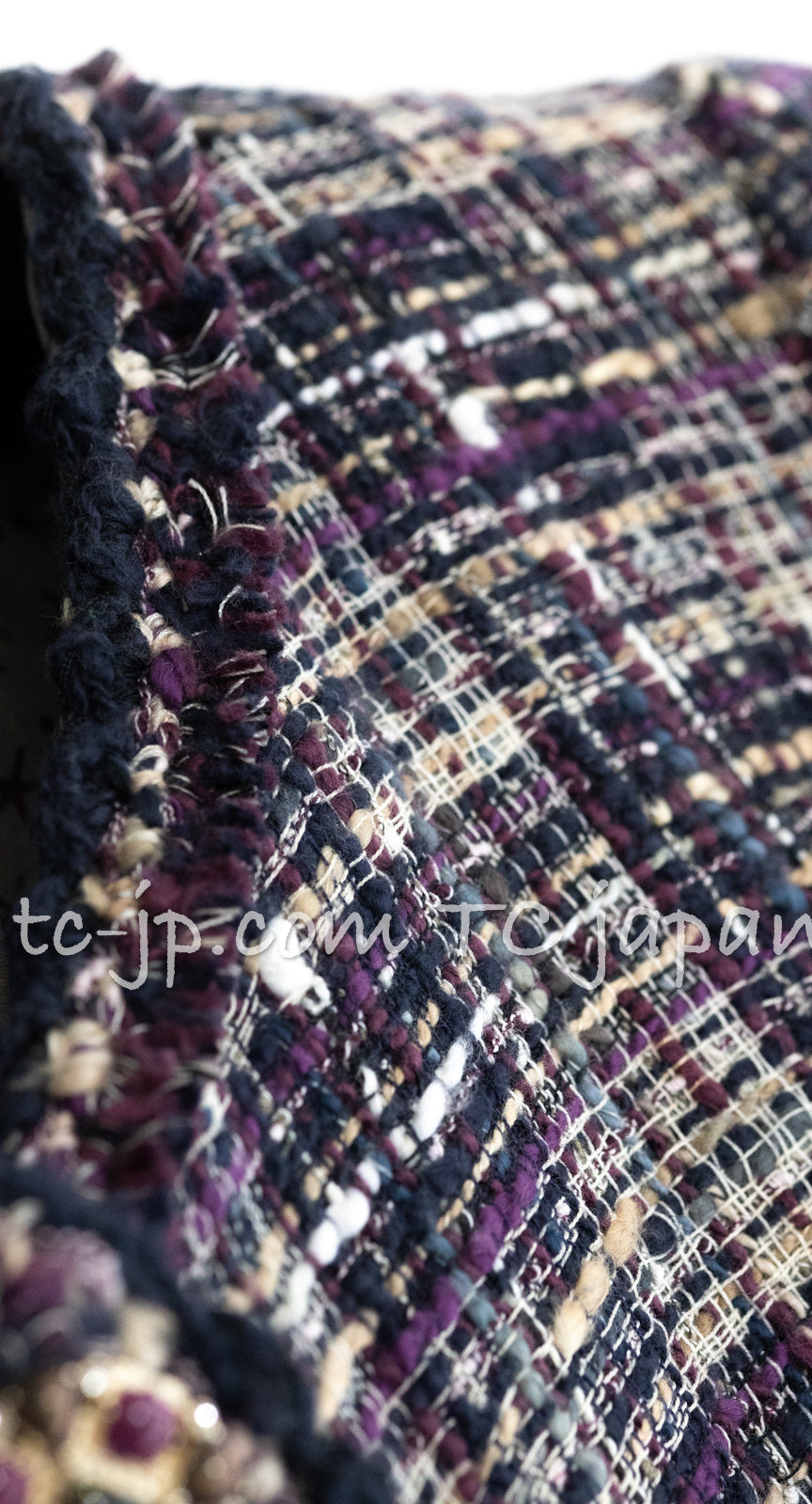 CHANEL 12S Purple Gray Cotton Tweed Silk Star Pleated Ruffle Jacket 34 シャネル パープル グレー コットン ツイード シルク スター プリーツ ラッフル ノーカラー ジャケット 即発