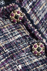 CHANEL 12S Purple Gray Cotton Tweed Silk Star Pleated Ruffle Jacket 34 シャネル パープル グレー コットン ツイード シルク スター プリーツ ラッフル ノーカラー ジャケット 即発