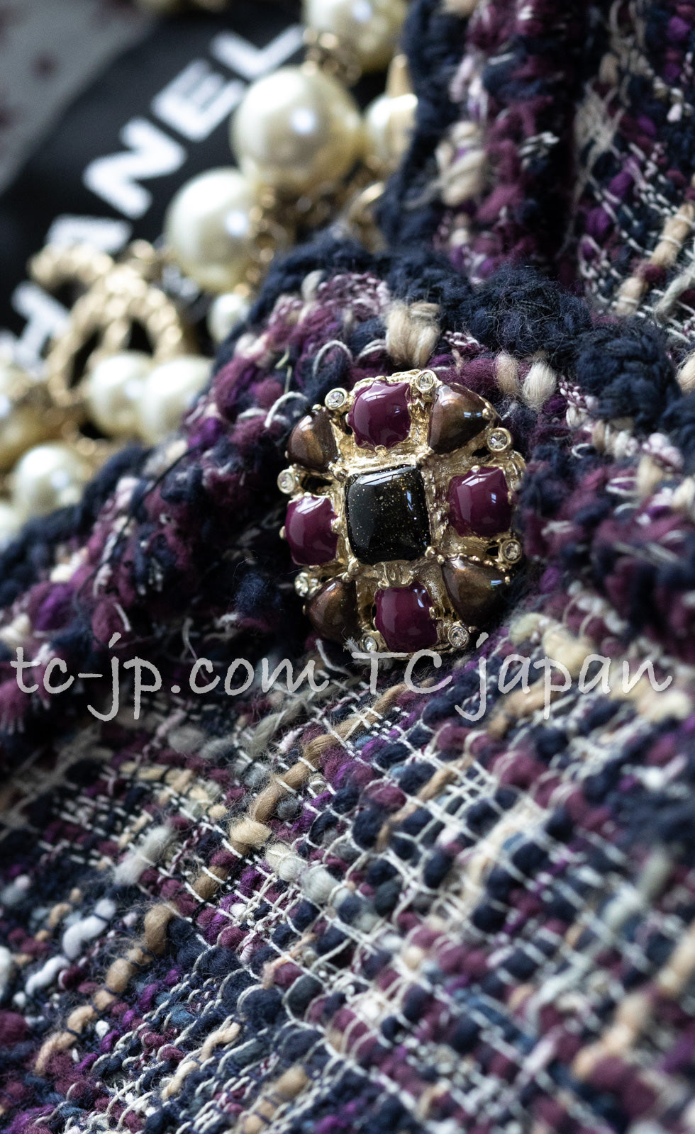 CHANEL 12S Purple Gray Cotton Tweed Silk Star Pleated Ruffle Jacket 34 シャネル パープル グレー コットン ツイード シルク スター プリーツ ラッフル ノーカラー ジャケット 即発