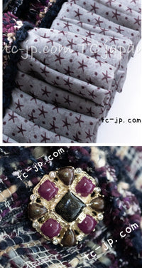 CHANEL 12S Purple Gray Cotton Tweed Silk Star Pleated Ruffle Jacket 34 シャネル パープル グレー コットン ツイード シルク スター プリーツ ラッフル ノーカラー ジャケット 即発
