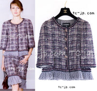 CHANEL 12S Purple Gray Cotton Tweed Silk Star Pleated Ruffle Jacket 34 シャネル パープル グレー コットン ツイード シルク スター プリーツ ラッフル ノーカラー ジャケット 即発