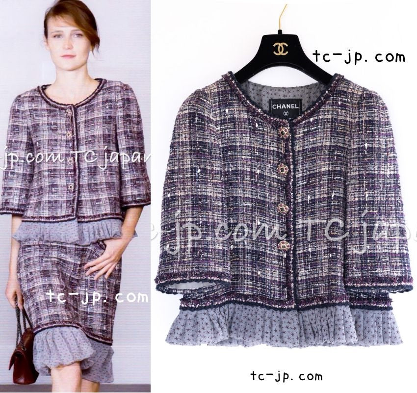 CHANEL 12S Purple Gray Cotton Tweed Silk Star Pleated Ruffle Jacket 34 シャネル パープル グレー コットン ツイード シルク スター プリーツ ラッフル ノーカラー ジャケット 即発