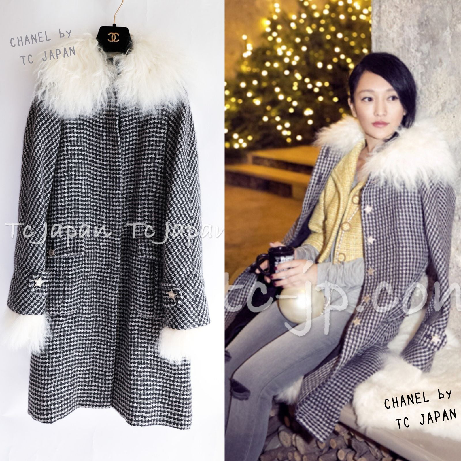 CHANEL 14PF Black Gray Mohair Light Long Coat With Soft real Lamb Fur 34 36 38 シャネル グレー ホワイト モヘア とっても軽くてふんわり暖か リアル ラム ファー付 ロング コート 即発
