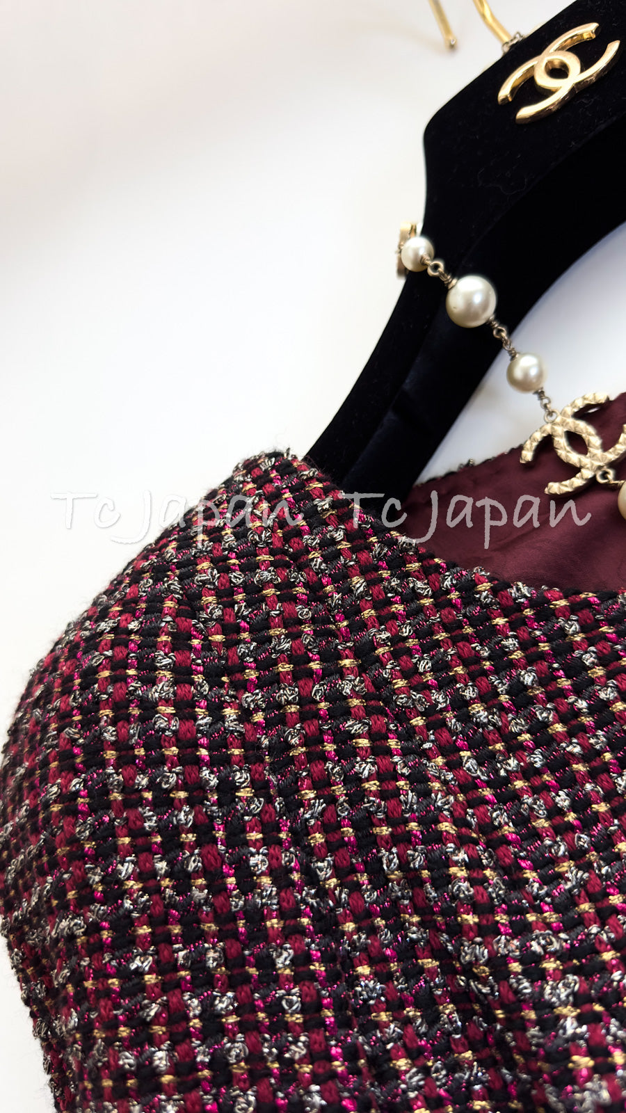 CHANEL 12PF Burgundy Wine Red Gold Silver Tweed Dress 36 シャネル バーガンディー ワインレッド ゴールド シルバー ツイード ワンピース 即発