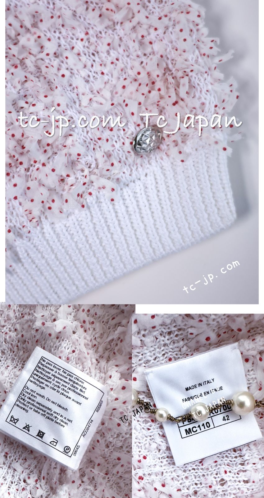 CHANEL 16C White Red Dot Ribbon Embellishments Knit Pullover Sweater Tops 40 42 シャネル ホワイト レッド ドット リボン ニット プルオーバー セーター トップス 即発