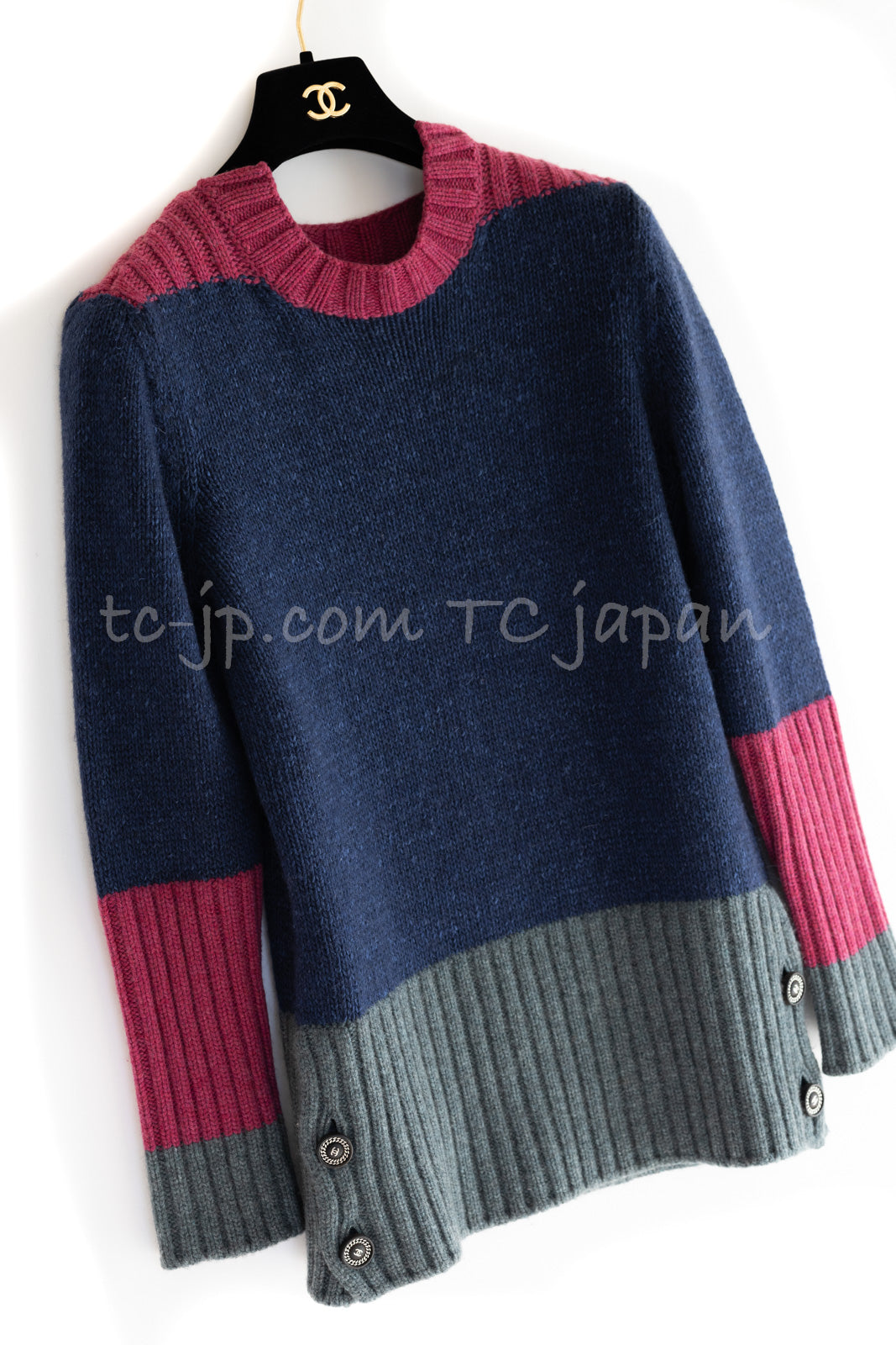 CHANEL 12A Navy Gray Pink Cashmere Wool Knit Sweater CC Logo Buttons 38 シャネル ネイビー グレー ピンク カシミヤ ウール モヘア ニット セーター ココマークボタン 即発