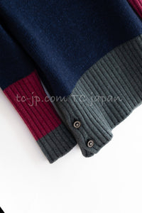 CHANEL 12A Navy Gray Pink Cashmere Wool Knit Sweater CC Logo Buttons 38 シャネル ネイビー グレー ピンク カシミヤ ウール モヘア ニット セーター ココマークボタン 即発