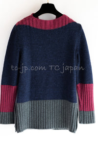 CHANEL 12A Navy Gray Pink Cashmere Wool Knit Sweater CC Logo Buttons 38 シャネル ネイビー グレー ピンク カシミヤ ウール モヘア ニット セーター ココマークボタン 即発