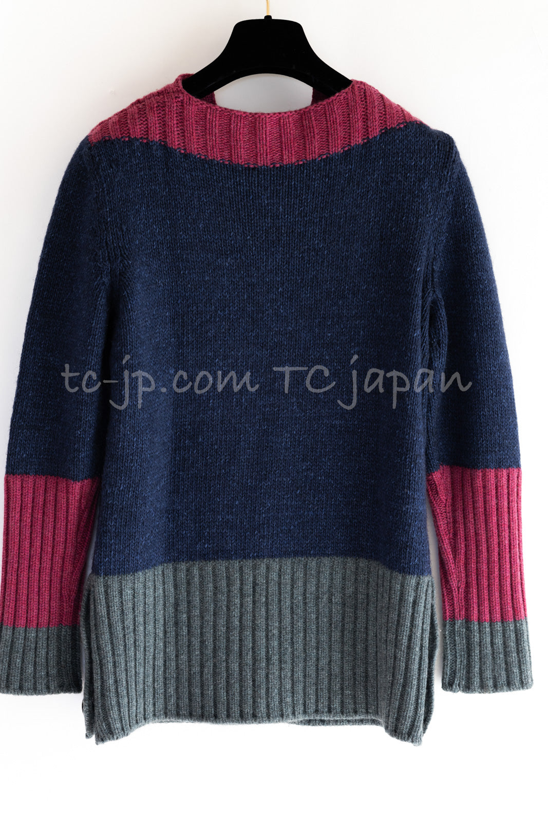 CHANEL 12A Navy Gray Pink Cashmere Wool Knit Sweater CC Logo Buttons 38 シャネル ネイビー グレー ピンク カシミヤ ウール モヘア ニット セーター ココマークボタン 即発