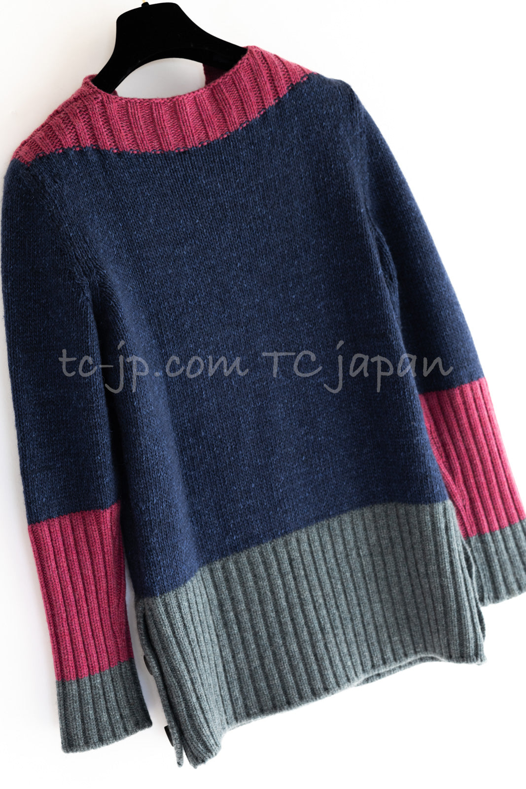 CHANEL 12A Navy Gray Pink Cashmere Wool Knit Sweater CC Logo Buttons 38 シャネル ネイビー グレー ピンク カシミヤ ウール モヘア ニット セーター ココマークボタン 即発