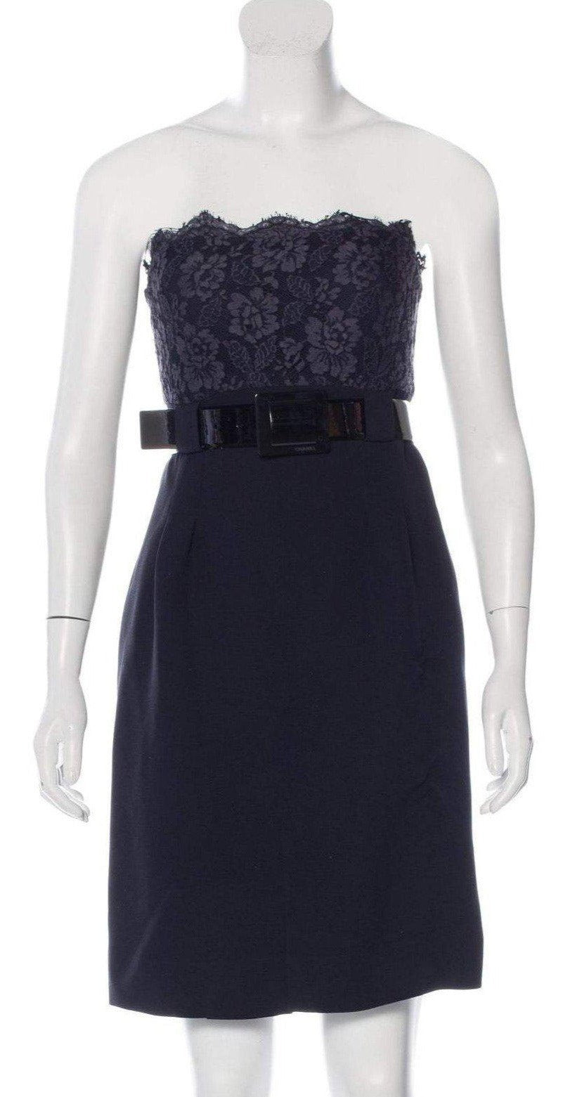 CHANEL 07A $6K Midnight Blue Lace Tops Silk Strapless Dress 36 シャネル  ミッドナイトブルー・ベルト付・レース・ワンピース