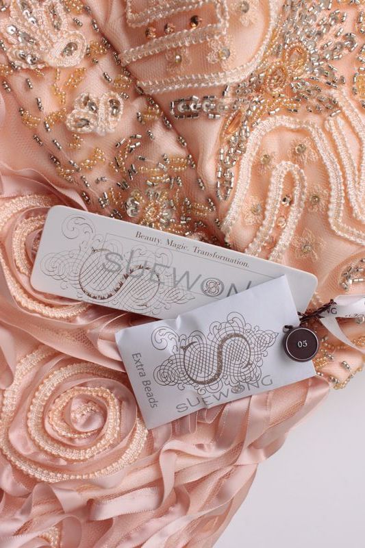Sue Wong Ribbon Peach Strapless Sheath Dress NEW US4 スーワン ピーチ カクテル パーティー リボン・ワンピース 新品紙タグ付(日本7大-9)即発