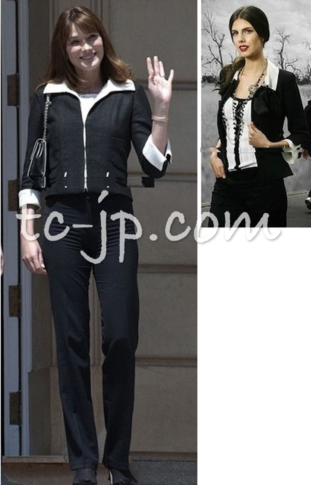 CHANEL 09S Black Ivory Two Tone Color Jacket Dress Carla Bruni 36 38 シャネル ブラック アイボリー  黒白 ツートンカラー ジャケット ワンピース 定番 即発